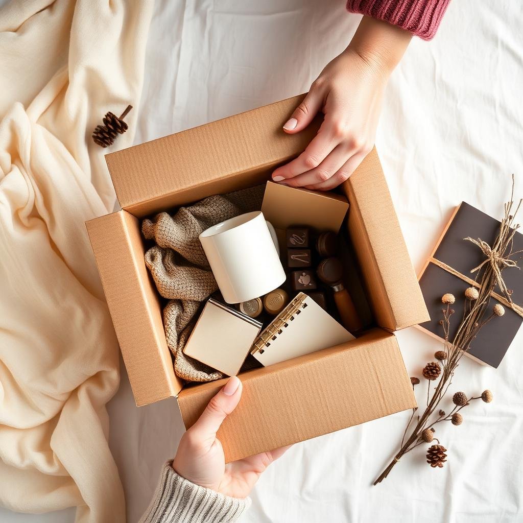 A hamper of gifts being packed by hand