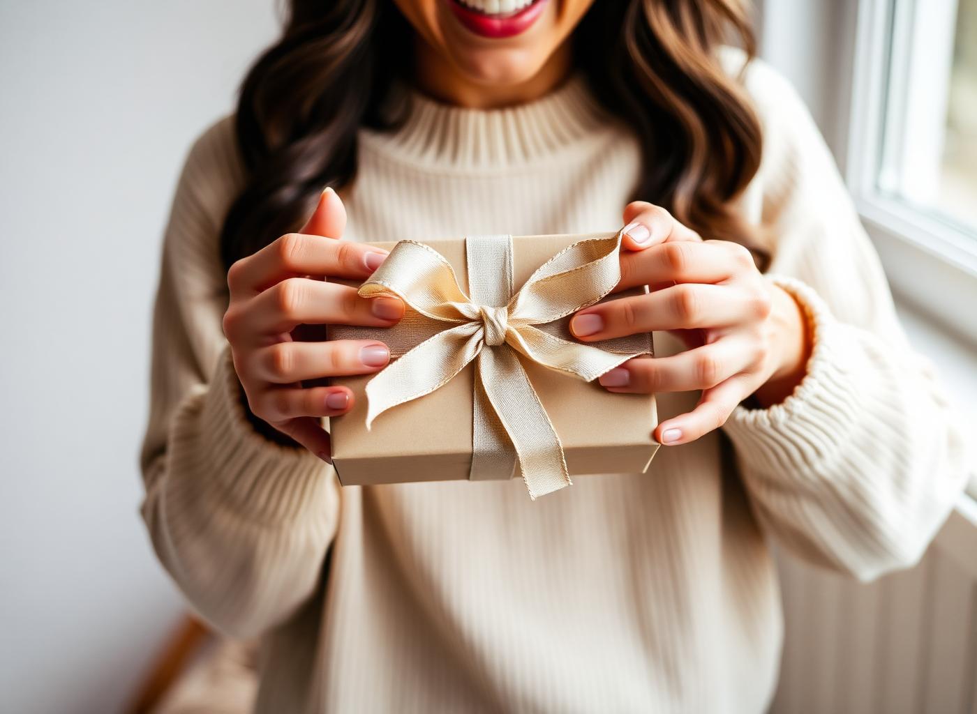 A person receiving a wrapped gift