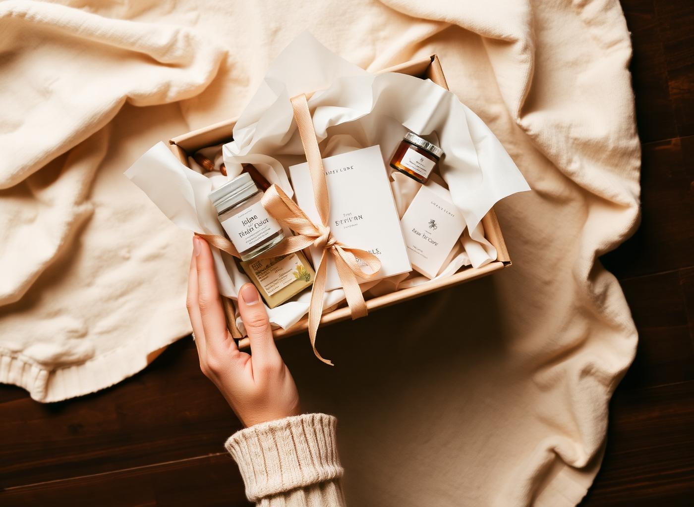A curated gift box being packed by hand