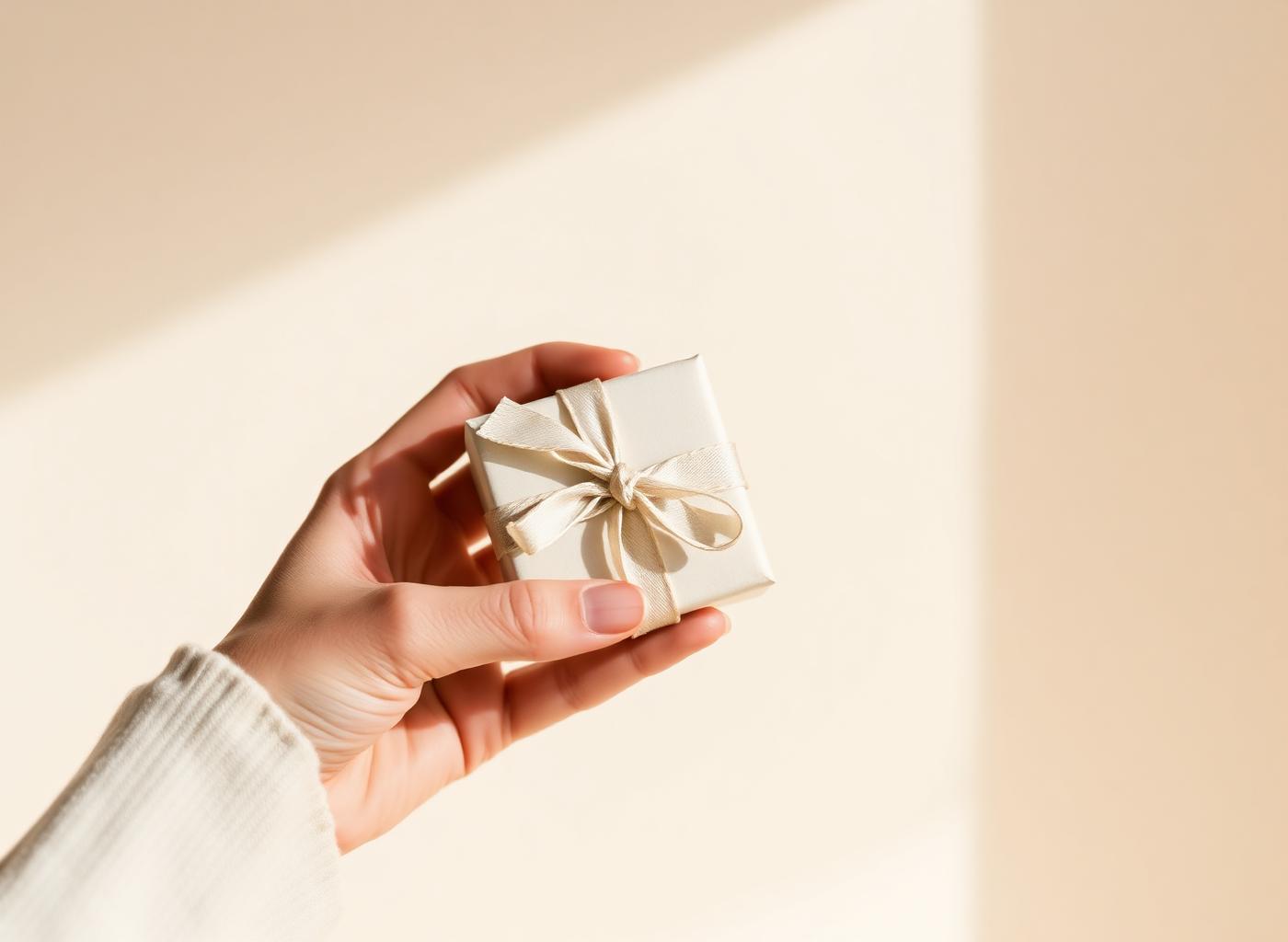 A hand holding a small gift box tied with linen ribbon