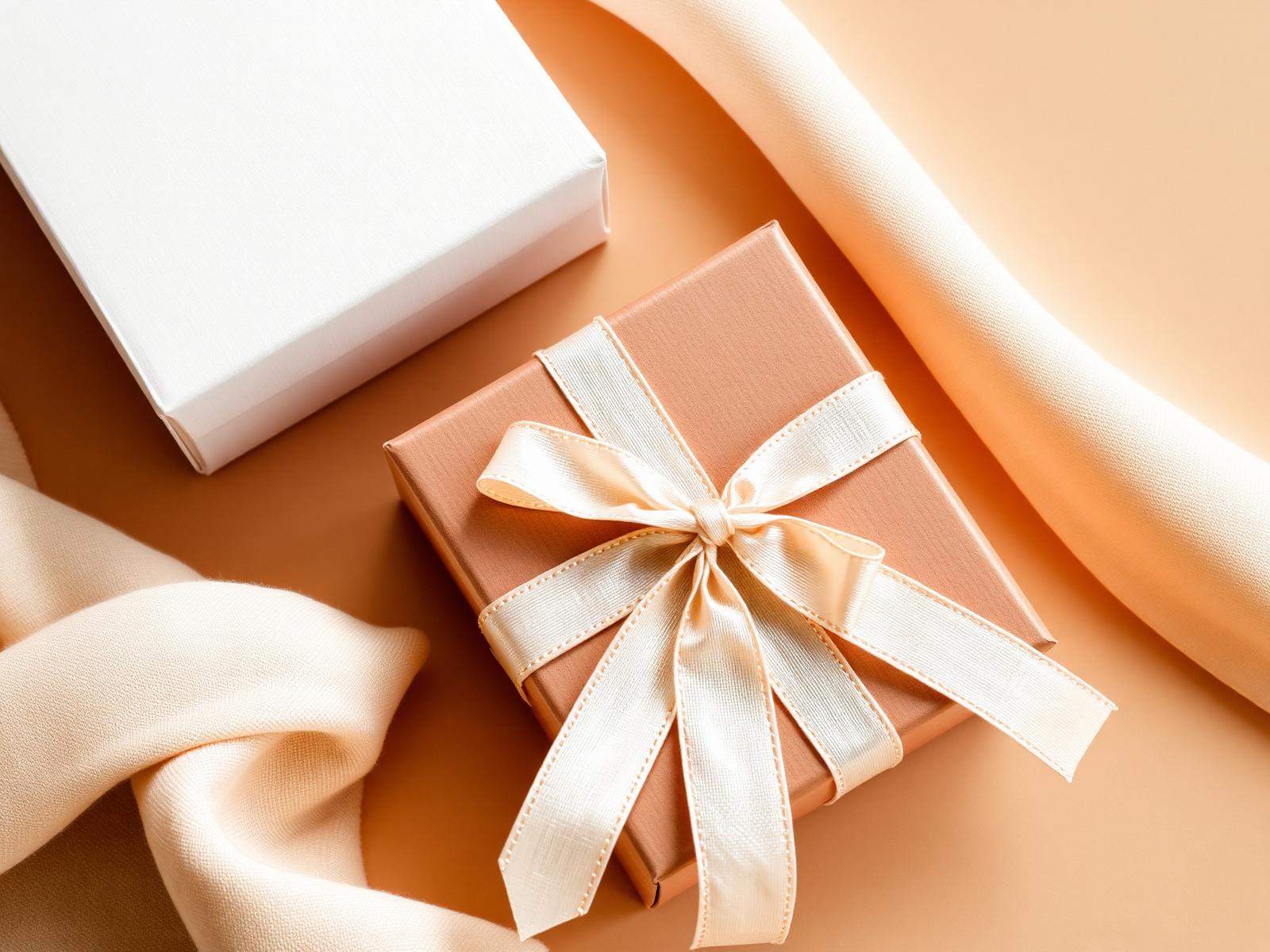 A cream gift box tied with linen ribbon