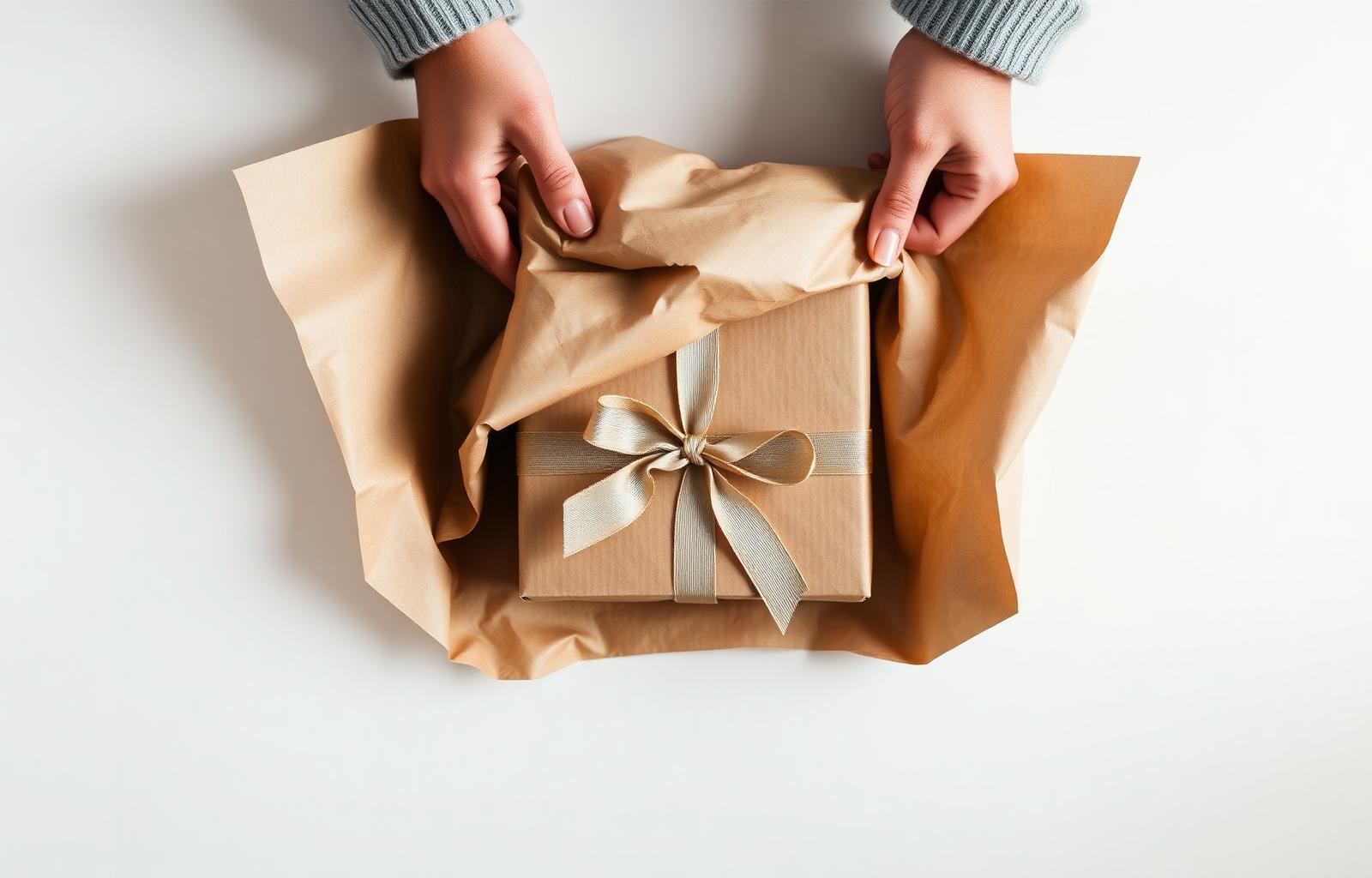 Hands unwrapping a kraft-paper gift