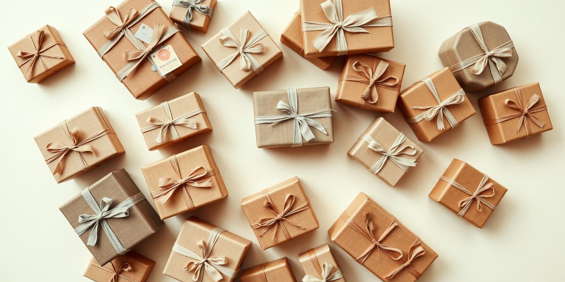 A flatlay of many wrapped gifts