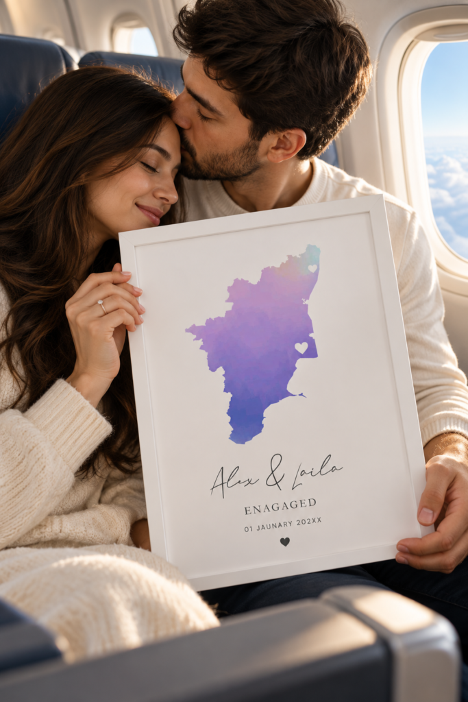 Personalized Watercolor Heart Map Frame – Engagement Keepsake