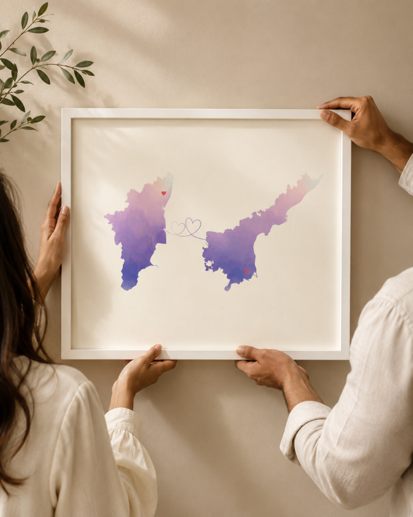Personalized Long Distance Map Silhouette Frame – Two Hearts, One Love