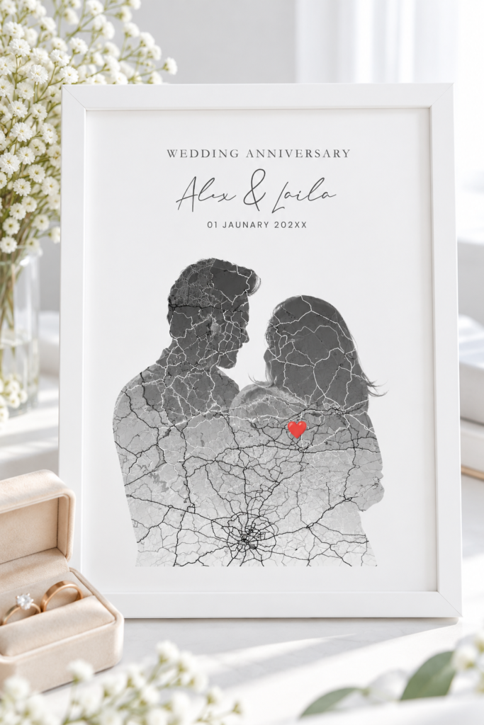 Personalized Wedding Anniversary Map Silhouette Photo Frame – Double Exposure Keepsake